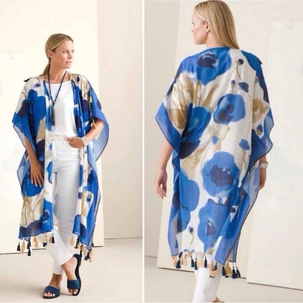 Aratta Kimono Floral Embellished Tassel Wrap Blue Tan Sheer One Size Up to 2X